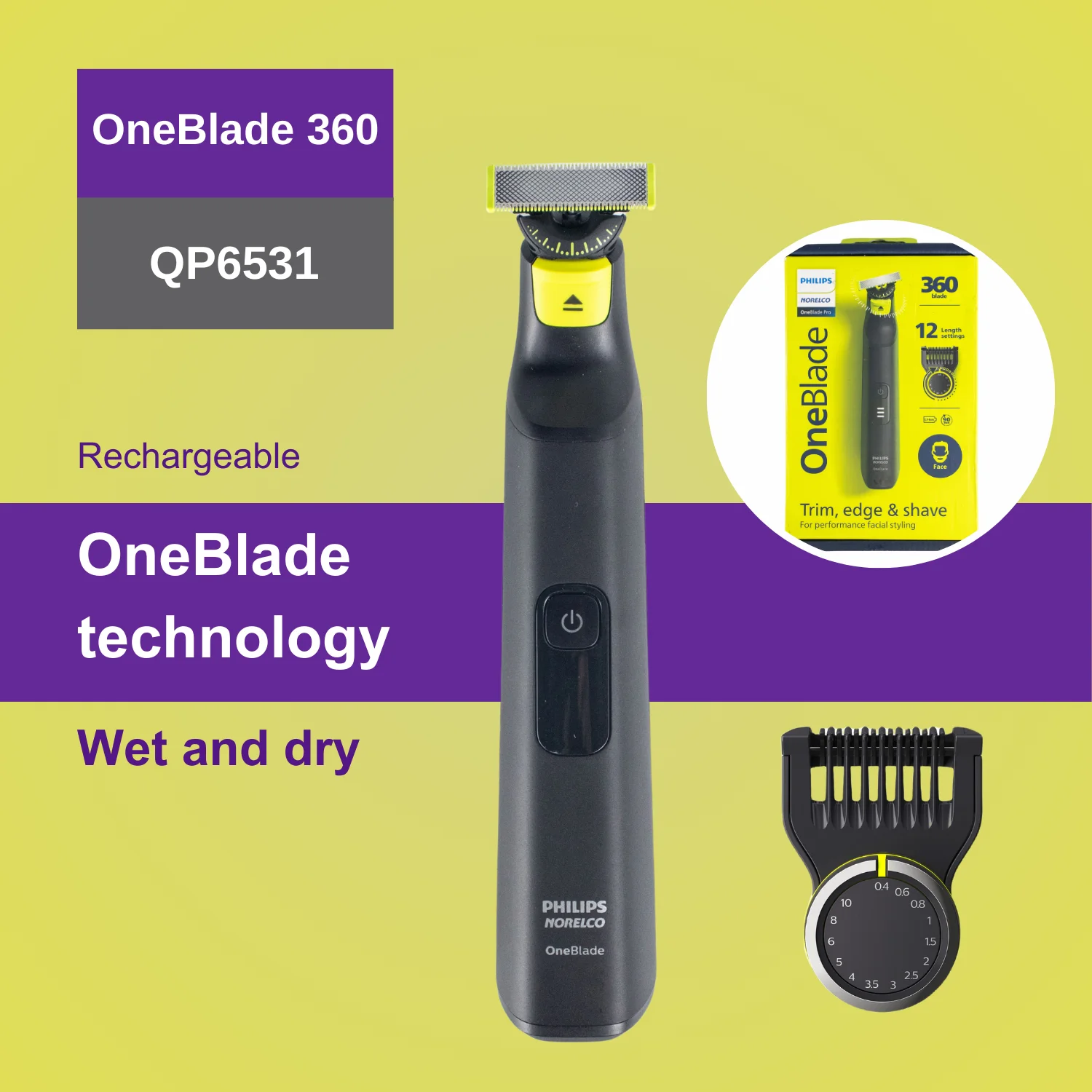 Philips Norelco OneBlade 360 QP6531, Wet & Dry with Trimmer, Rechargeable, Up to 90 Minutes