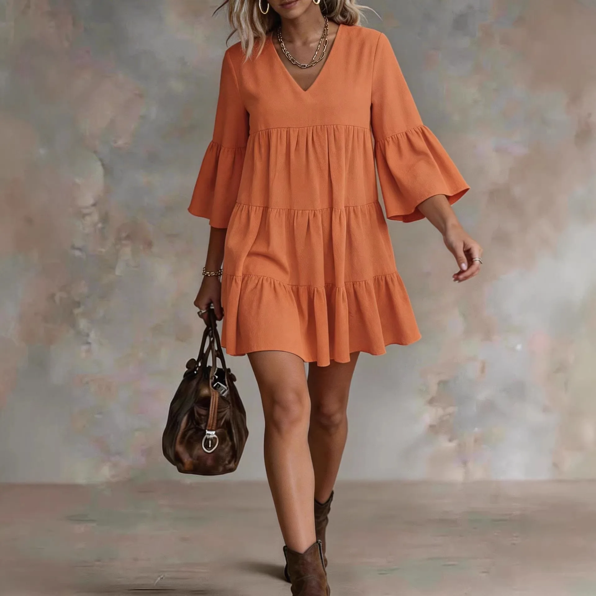 2026 New Fashionable V-neck Three-quarter Sleeve Layered Loose Dress For Women Summer Casual Commuting Seaside Vacation Dresses