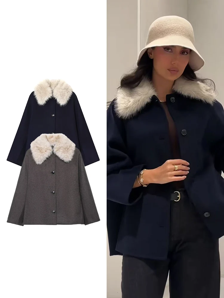 

Women Vintage Coats Solid Single Breasted Lapel Long Sleeves Patchwork Fur Collar Elegant Coat Female Winter Fashion Coats
