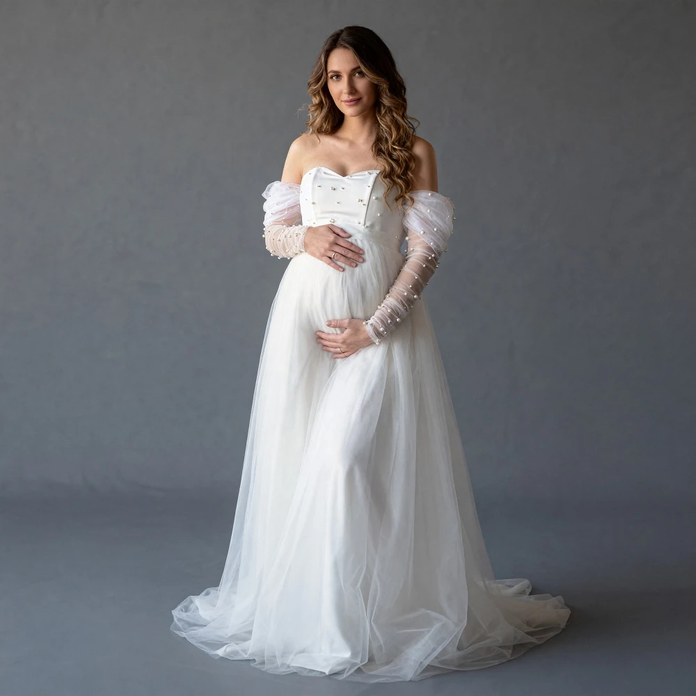 

Платье для беременных для фотосессии, цвет слоновой кости, с открытыми плечами, вырезом в форме сердца, с жемчугом, для беременных женщин, платье для вечеринки в честь рождения ребенка YW63272D