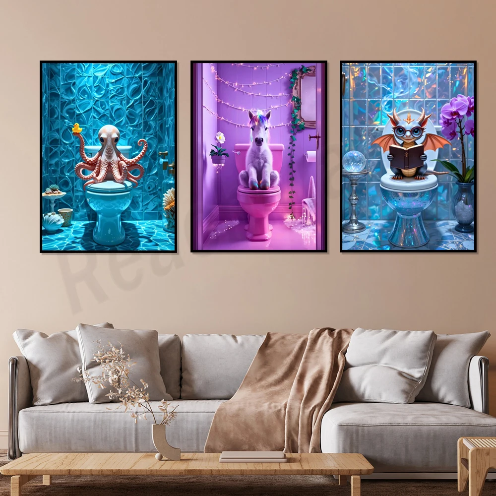 Fantasy animal prints, bathroom art, whimsical animal wall decor posters, surreal bathroom prints