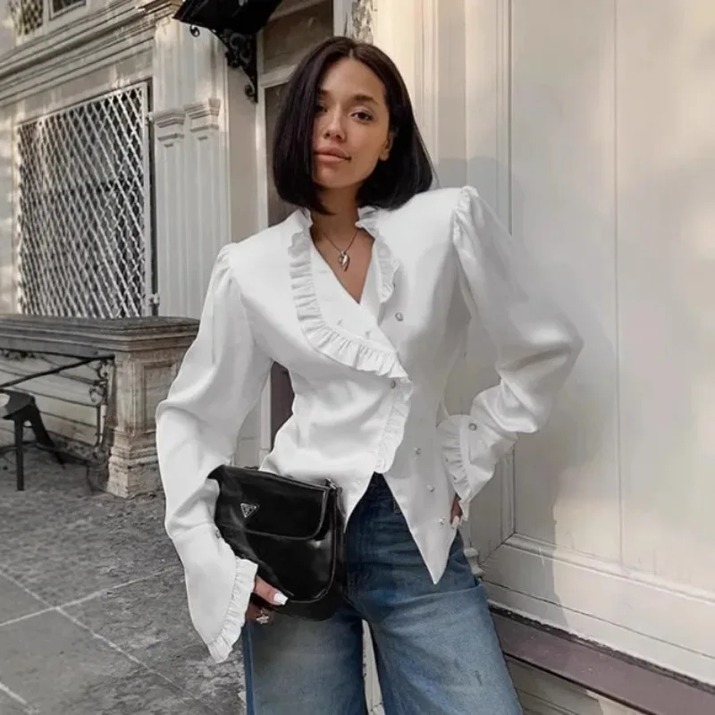 

French court style wooden ear satin shirt 2025 autumn temperament paired with a waist cinched white lace top for women's wear