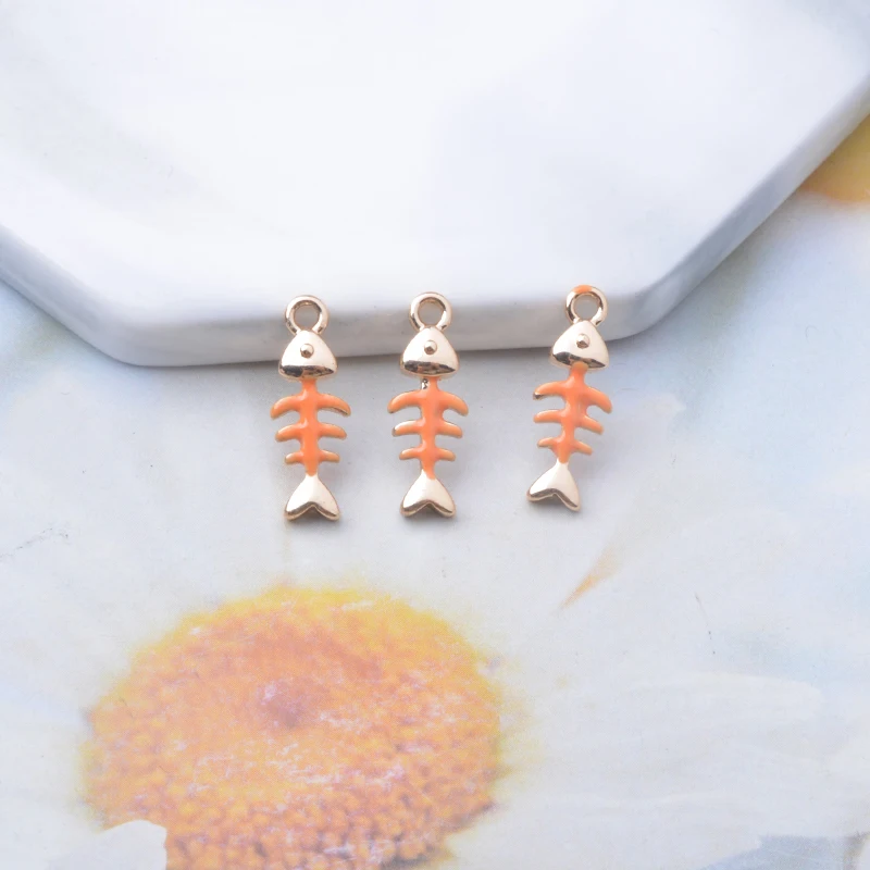6 stücke Kupfer goldene Emaille Mini Fischgräten Charms zweiseitig tropfenden Öl Anhänger DIY Schmuck Ohrring machen – Detail 11