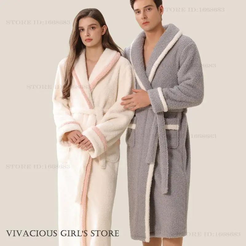 

Thicken Flannel Couple Long Robe Sleepwear Winter New Women Home Dress Bathrobe Loose Warm Coral Fleece Loungewear Negligee