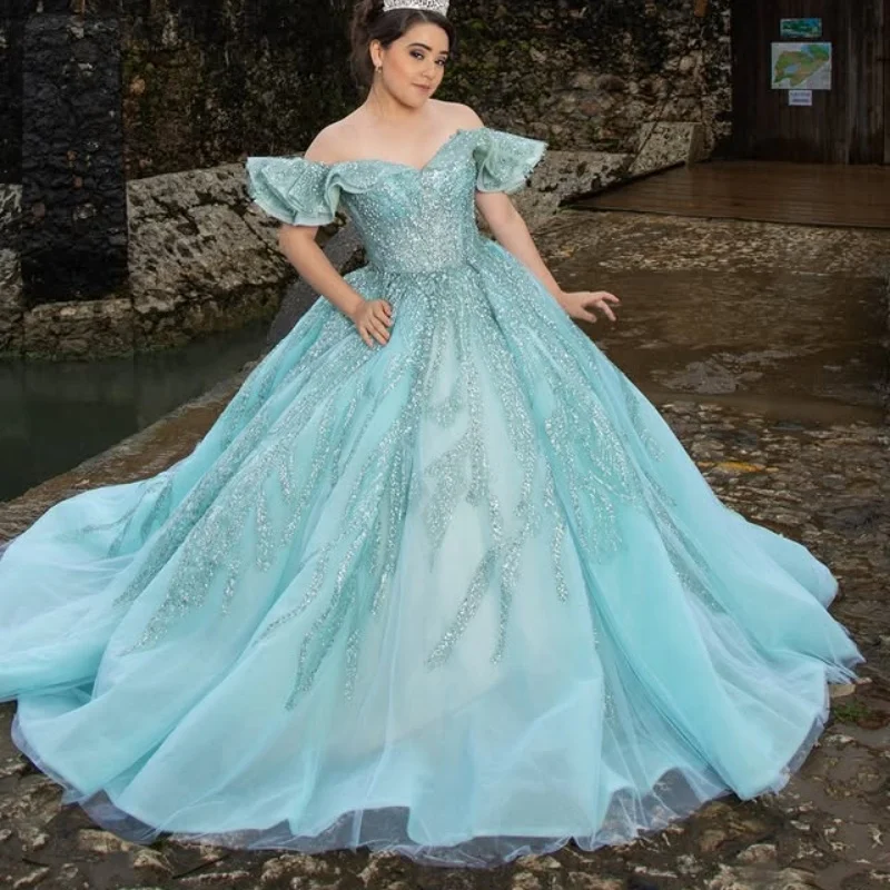 

Simple Lake Blue Quinceanera Dresses off-shoulder Glitter Decal Crystal Long tail Vestido De 15 Quinceanera Customize