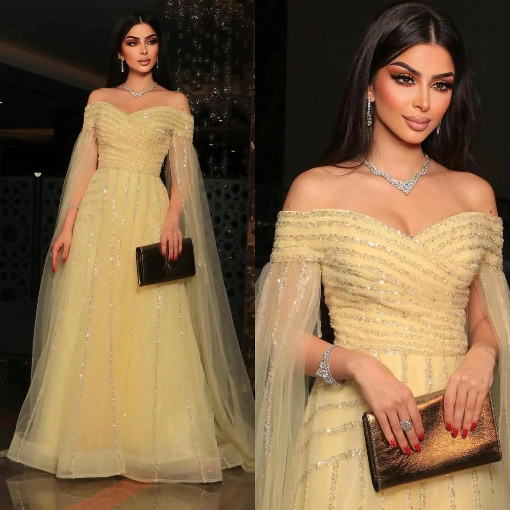 

Ball Exquisite Sparkle Off-the-shoulder A-line Floor Length Evening Dresses Tulle Paillette / Sequins party dress women elegant