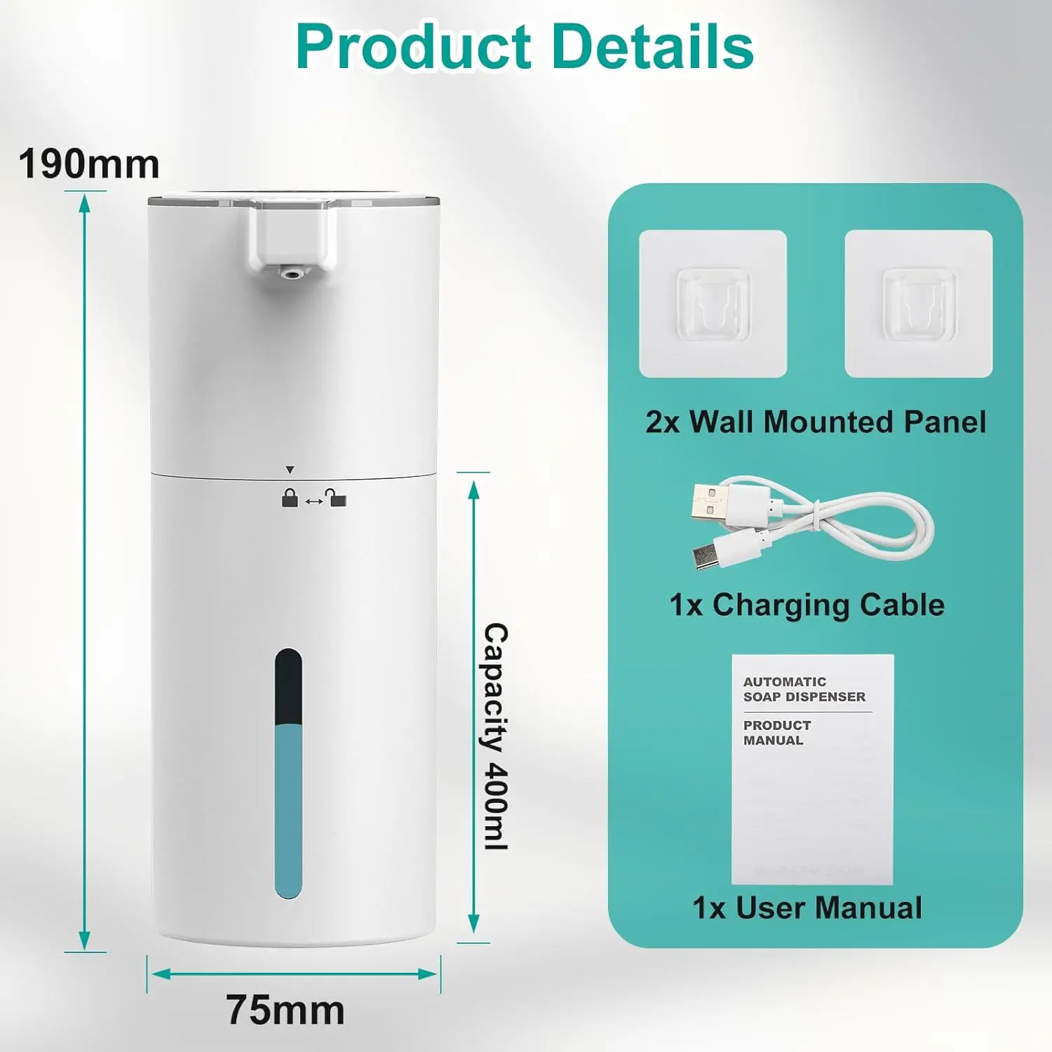 

Автоматический дозатор для мыла PUGTOW, бесконтактный, 400 мл, настенный, с 4 регулируемыми уровнями, IPX5, 1800 мАч, зарядка через USB-C