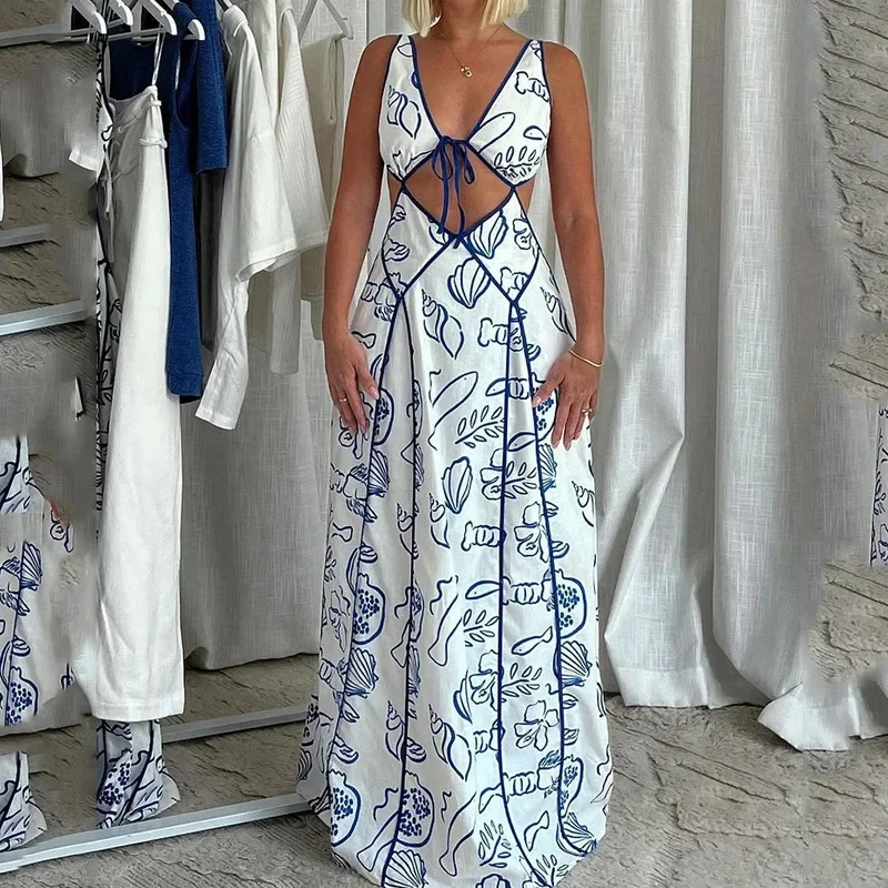Elegant Dress for Women Streetwear Print Casual Vacation V-neck Print Bikini Y2k Skirt Lace Up Hollow Backless Maxi Dresses