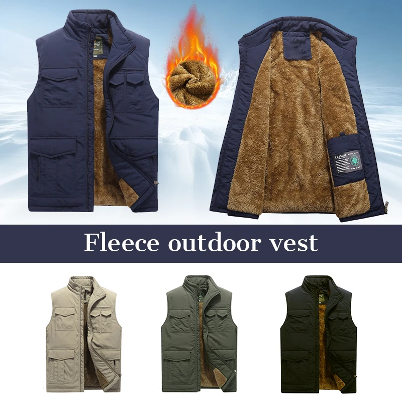 

Men Winter Warm Vest Multi Pockets Thick Fleece Liner Waistcoat Outdoor Windproof Waistcoat Polar Fleece Sleeveless Jacket 8XL