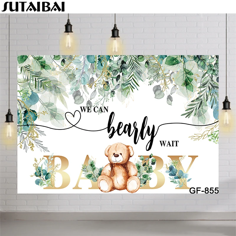 

Green Leaves Bear Baby Shower Photocall Girl Boy Birthday We Can Bearly Wait To Meet You Backgrounds Backdrop for Photo Studio