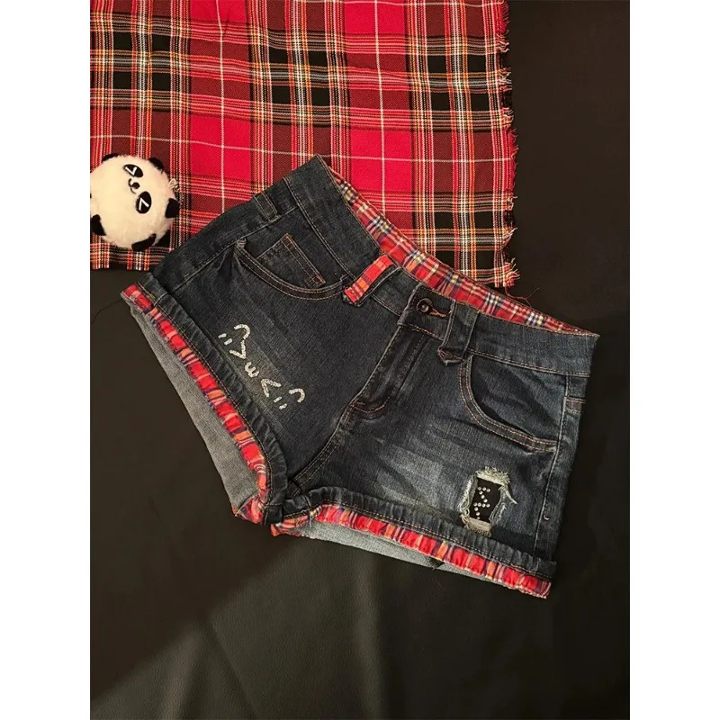 Women's Contrast Plaid Trim Denim Shorts Low Waist Distressed Embroidered Hot Pants