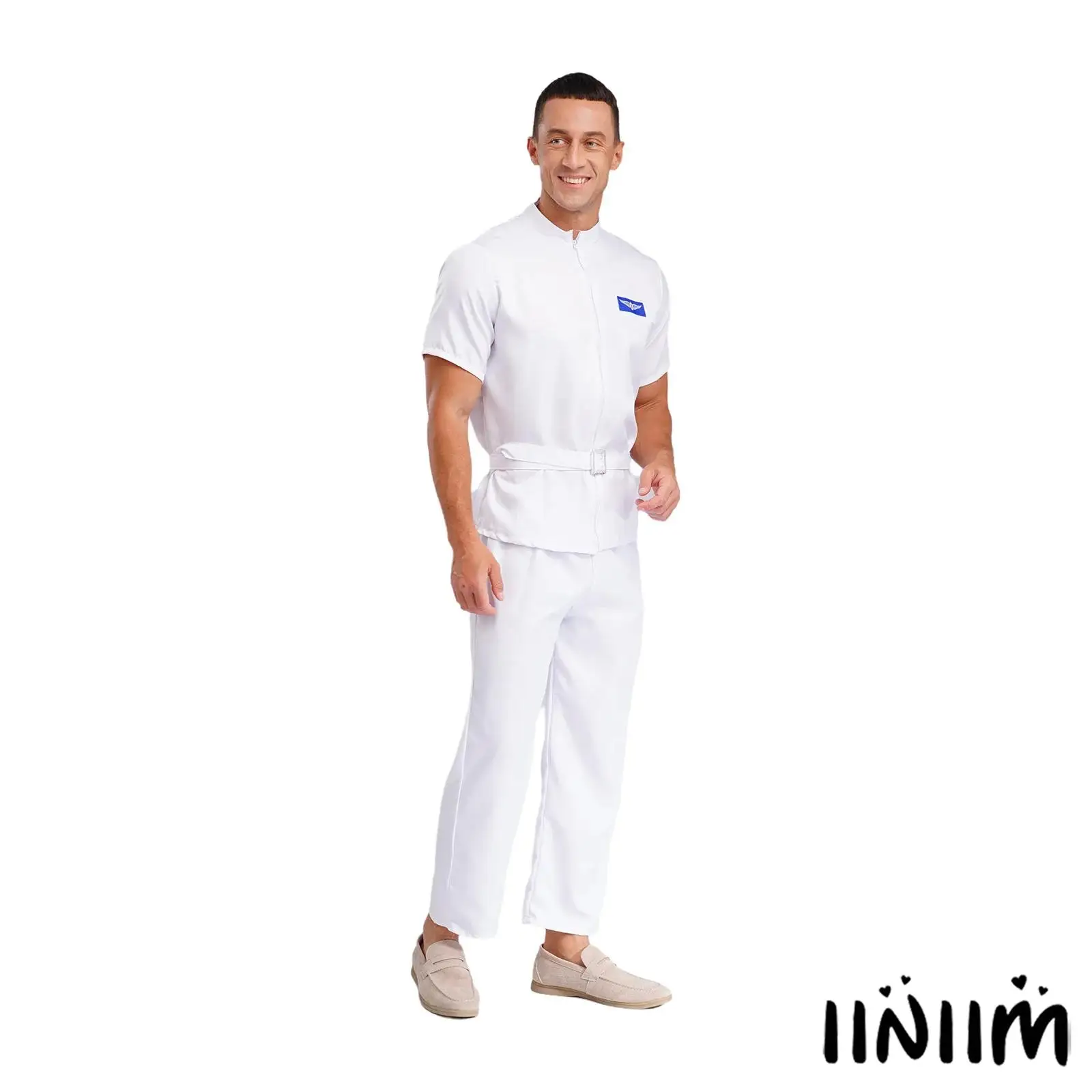 

Mens Womens Astronaut Costume Set Zipper Closure Wing Logo Tops with Pants Waistband for Halloween Cosplay Space Themed Parties