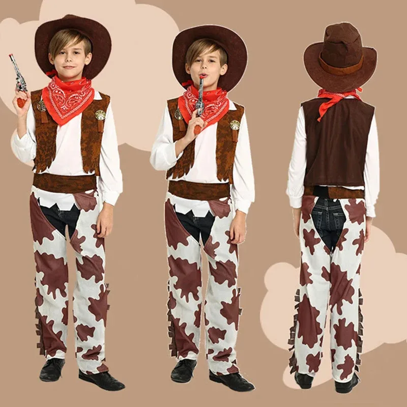 

dd54Kids Adults West Cowboy Cosplay Costume Performance Halloween Masquerade Party COS Vests Hat Scarf Dress Fancy Cow-boy Sets