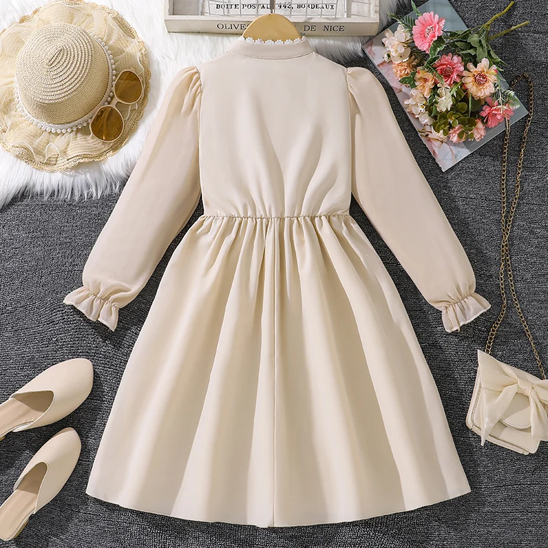 فستان بناتي بعمر 8-12 سنة، مكرامي دانتيل أنيق للصيف، ياقة مكشكشة، أكمام طويلة، خصر مرن، تنورة كینية، حلوة Pr #2