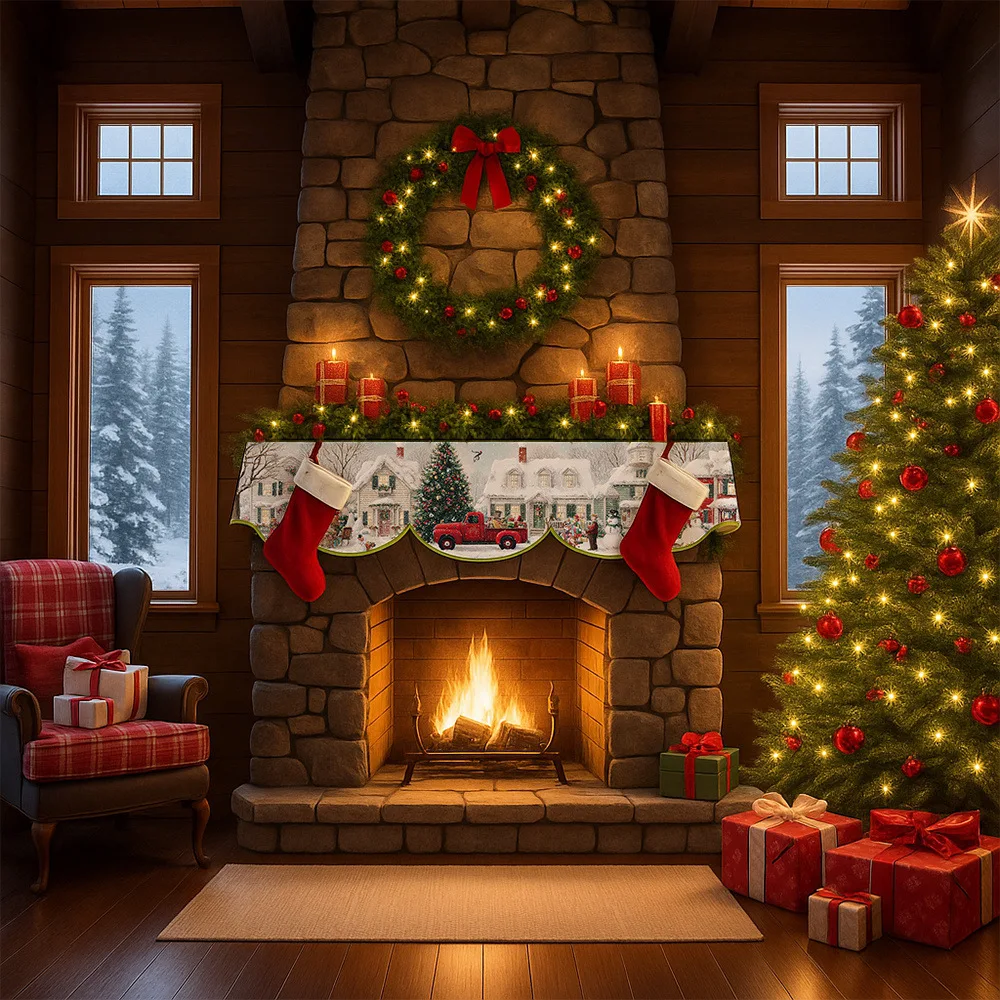 

1 шт., рождественский шарф для камина с рождественским городом, снежной сценарой, рождественской елкой, рисунком автомобиля, праздничный шарф для камина