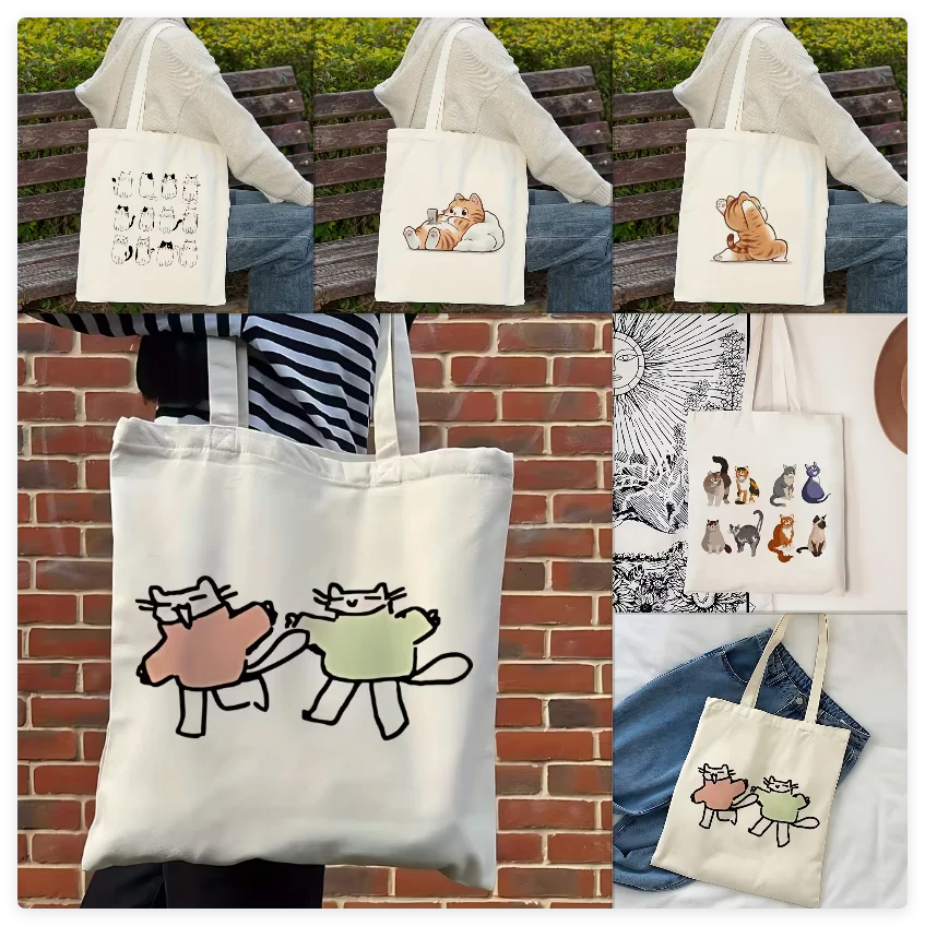 

1pc Cute Cat Illustration Canvas Tote Bag - Shoulder Bag for Parties, Travel, Shopping - Humorous & Minimalist Style, Travel Bag