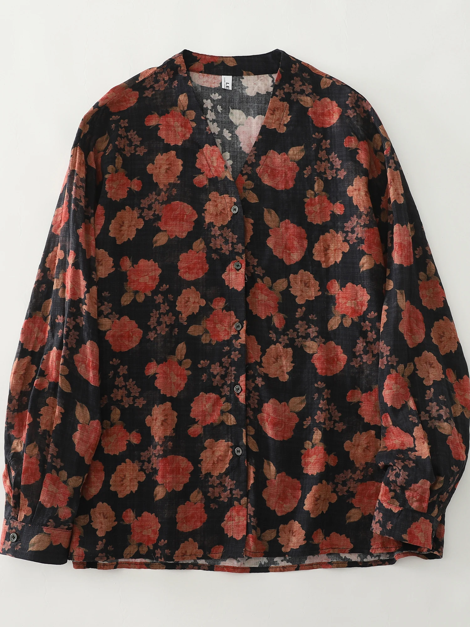 Retro floral aquarela algodão linho casual v-ne tamanho grande irt anti-envelhecimento nova chegada outono 2025 senhoras faion irt