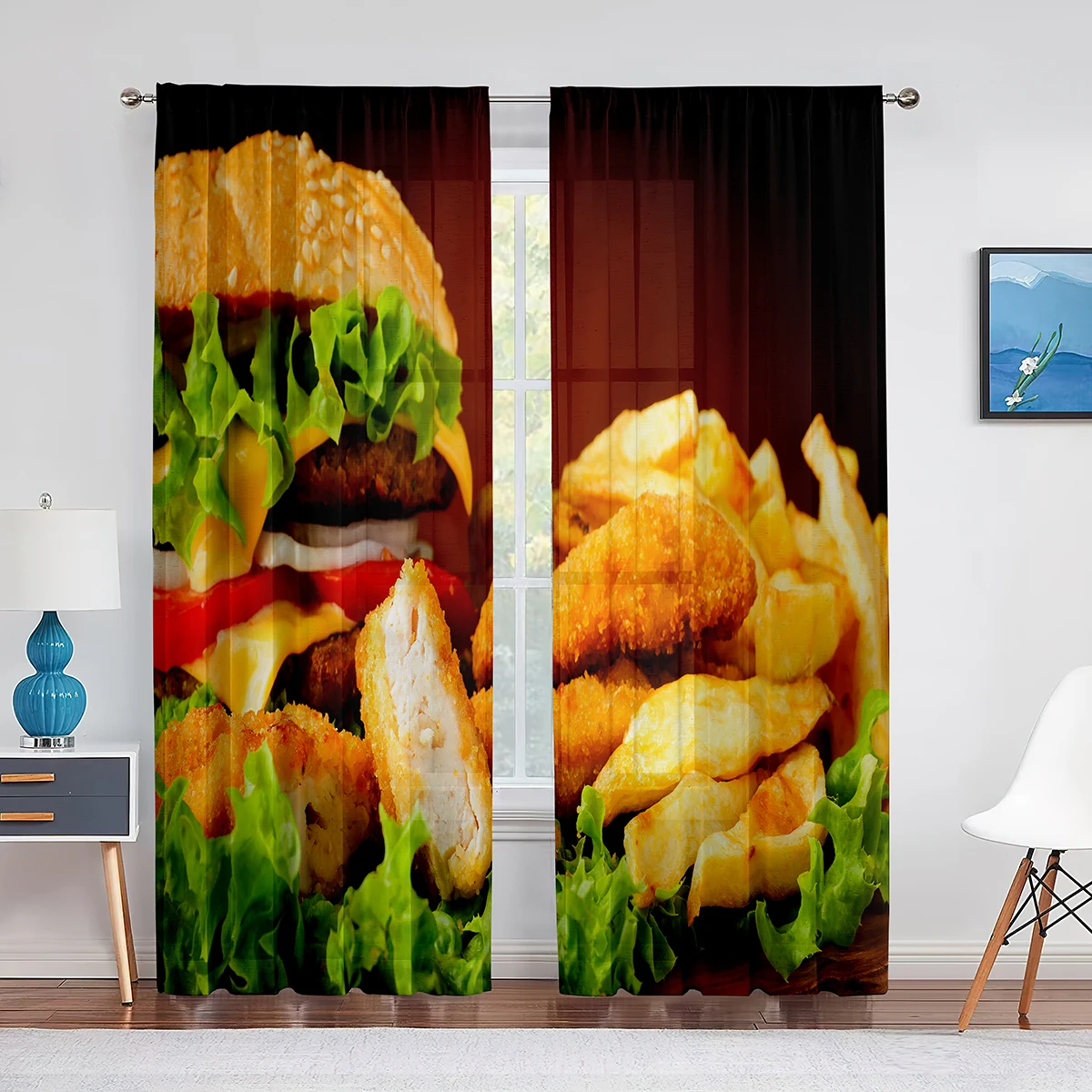 Fast Food Pattern Sheer Voile Curtain Pizza Hamburger Fries Chiffon Tulle Curtains for Kitchen Living Room Bedroom Window Decor