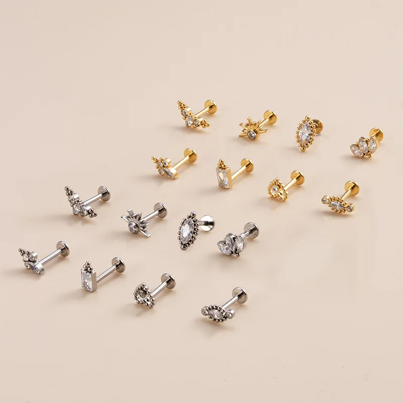 G23 Titanium Piercing Labret Stud Internal Thread Horse\'s Eye Crown CZ Lip Earring Helix Conch Tragus Piercing Lobe Body Jewelry