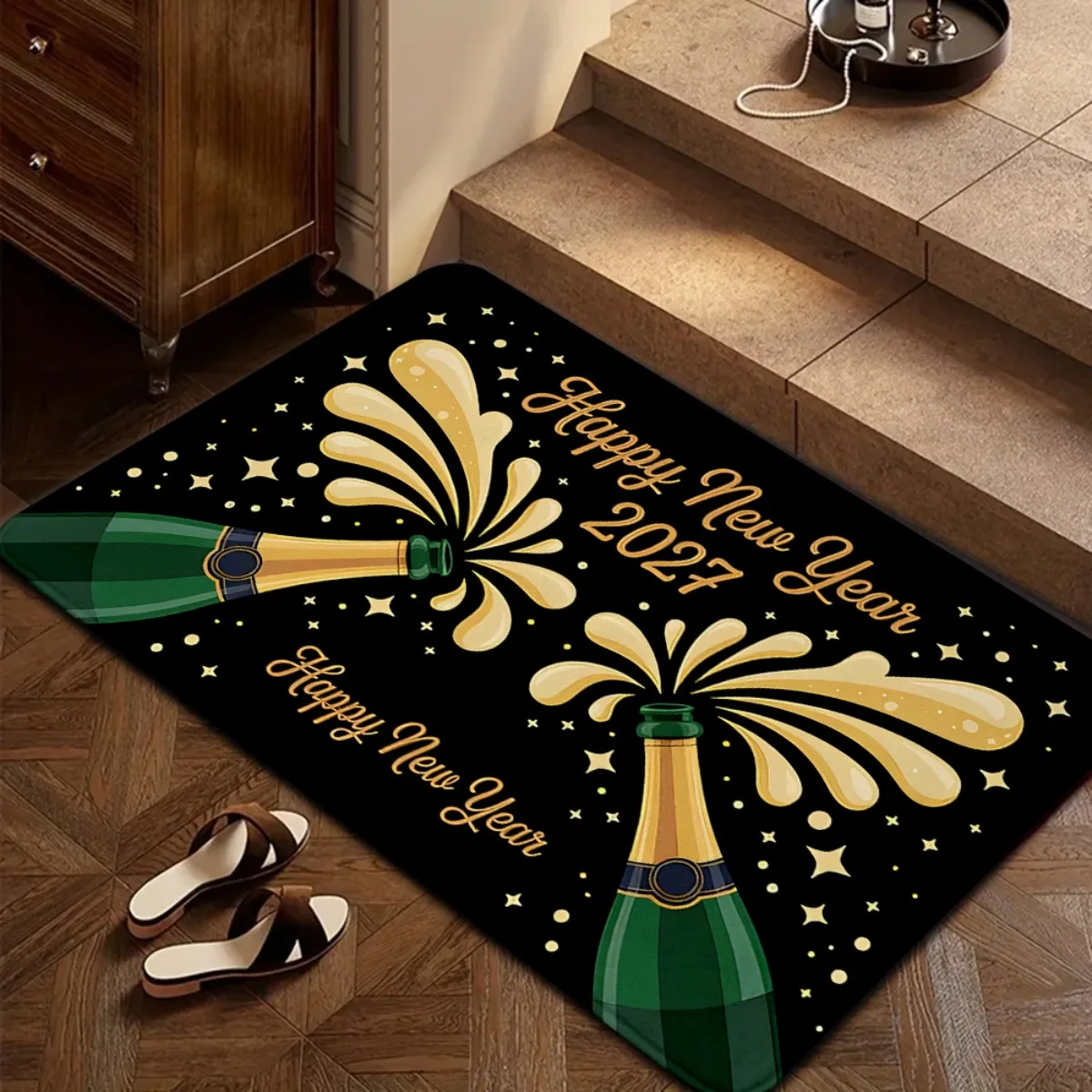 Christmas New Year Doormat Christmas Tree Reindeer Bell Champagne Bauble Snowflake Gift Floor Mat Front Door Home Party Decor