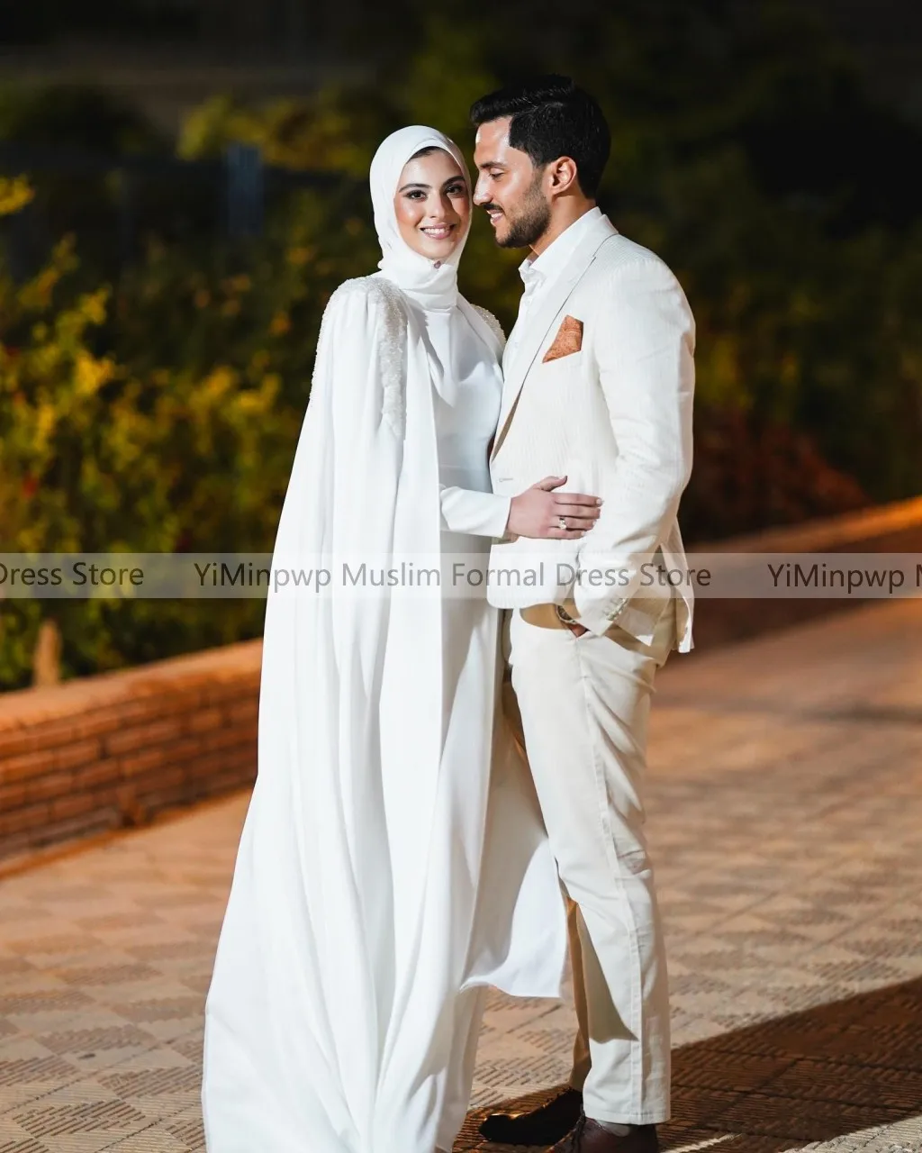 Modest Muslim White Wedding Dresses with Cape Long Sleeve Mermaid Pearls Beading Hijab Bride Bridal Gowns Customized