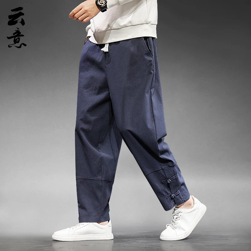 

Летние повседневные свободные брюки с широкими штанинами для мужчин, винтажные китайские брюки прямого кроя с пуговицами, не мнущиеся, длинные