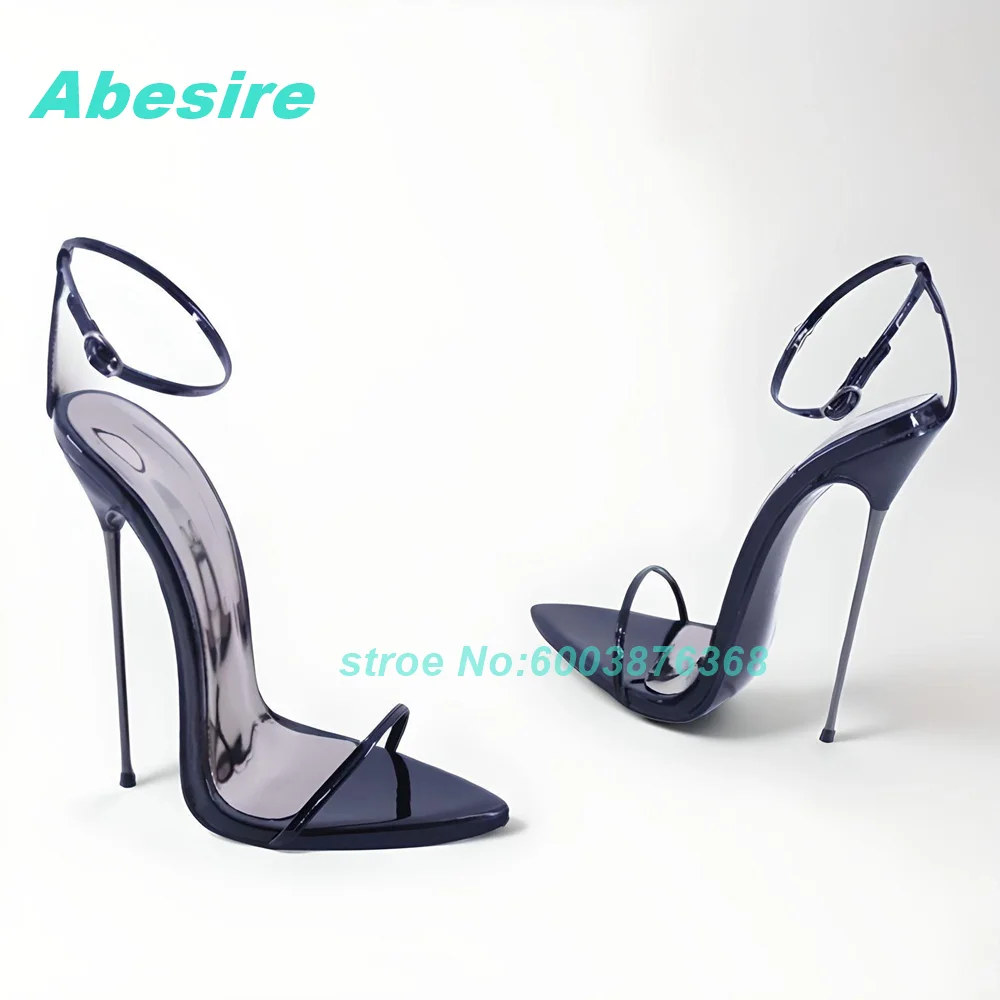 

One-Strap Patchwork Patent Leather Sandals Pointed Toe Stiletto Heels Solid Shoes for Women Spicy Girls Party Fashion Show Shoes