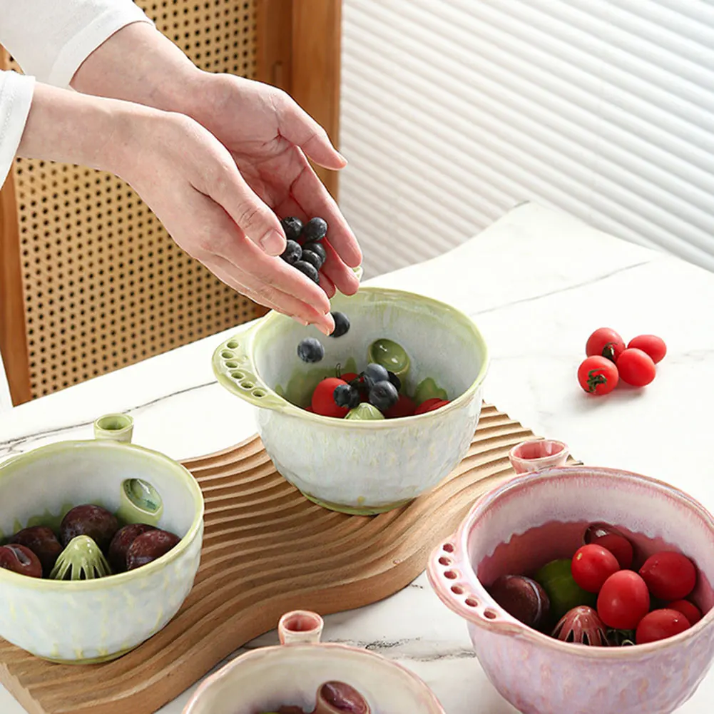 Fruit Rinse Bowl Self Spinnings Berry Ceramic Bowl With Drain Holes Multipurpose Frcuit Vegetable Washing Bowl For Kitchen Use