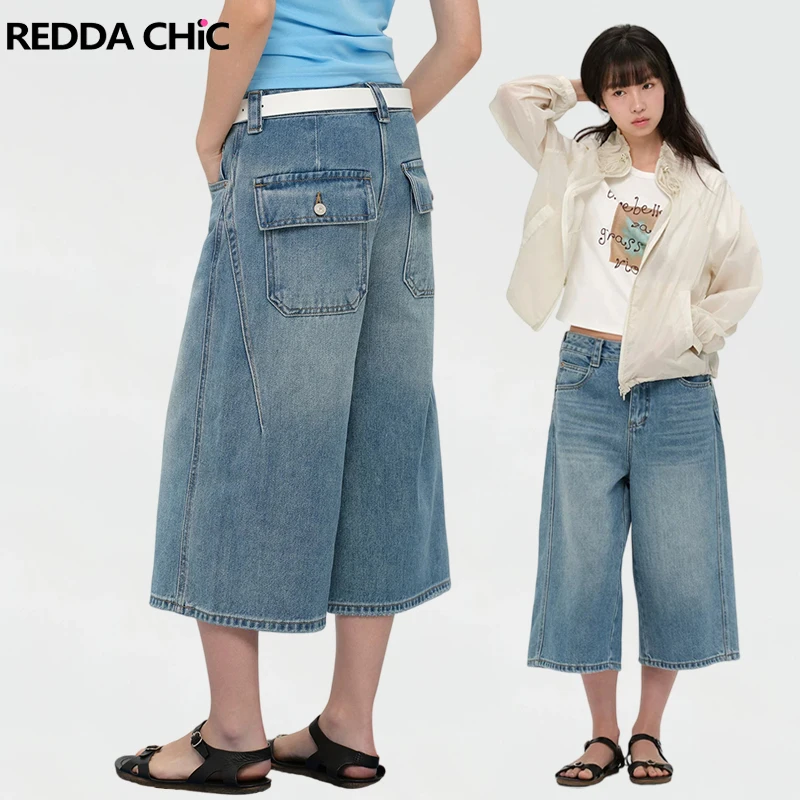 

REDDACHiC Women Baggy Boyfriend Jeans Jorts Korean Vintage Do Old Solid Pintuck Cleanfit Bermuda Pants Lounge Summer Clothes