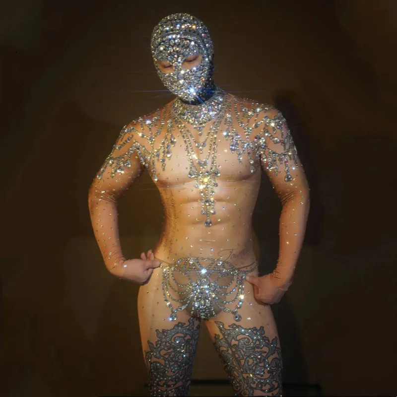 Combinaison avec des strass scintillants pour hommes, justaucorps élastique, couvre-chef, Sexy, DJ, tenue de discothèque, Costume de danse, spectacle, scène