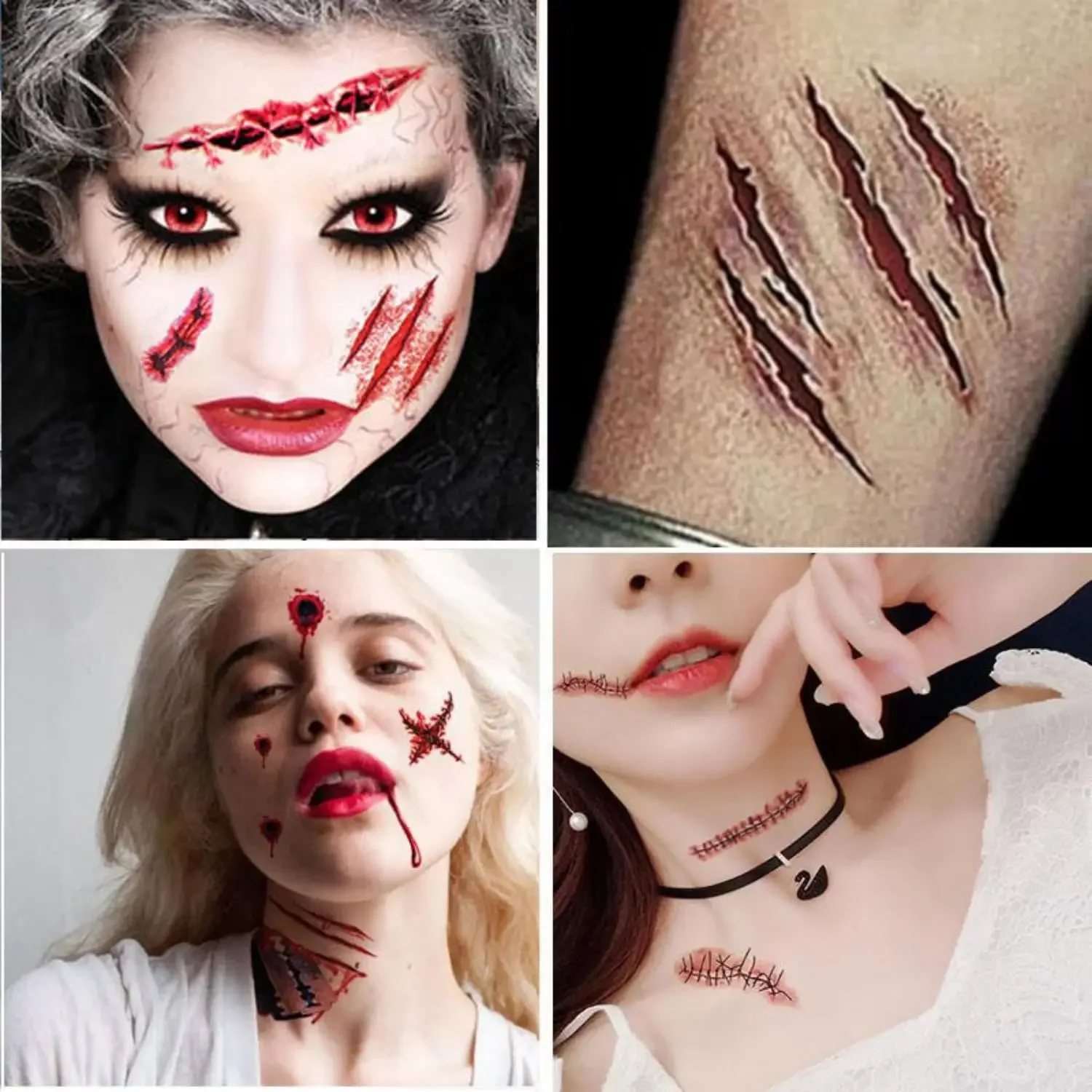 Horror Realistic Fake Bloody Wound Stitch Scar Scab Waterproof Temporary Tattoo Sticker Halloween Masquerade Prank Makeup Props