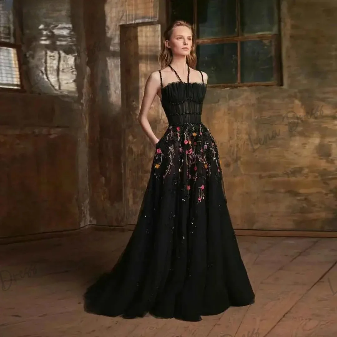 

Lena-3D floral wedding dress, black lace tight fitting corset, dance dress, formal occasion, A-shaped wedding party dress