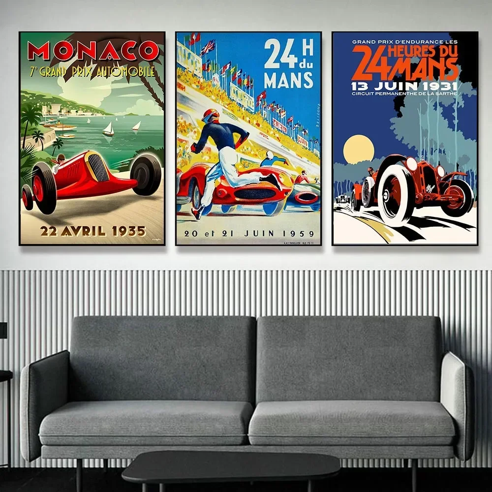 Affiche Vintage Le Mans 24 heures, peinture sur toile de voiture de course automobile, Art mural, images de voiture de sport, imprimés pour décoration de salon et de maison