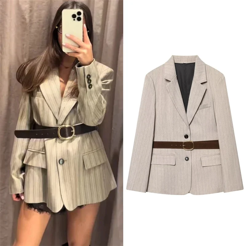

Women Commute Striped Belt Blazer Elegant Casual Single Breasted Sashes Blazer New 2026 Spring Fashion Vacation Blazer