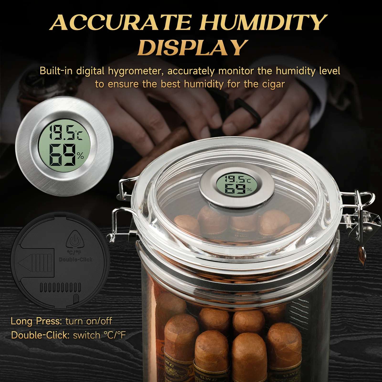 Acrylic Humidor Jar with Digital Hygrometer,Tall Design Fits Long Cigar,Humidifier,Cedar Veneer,Travel Humidor for 15-20 Cigars