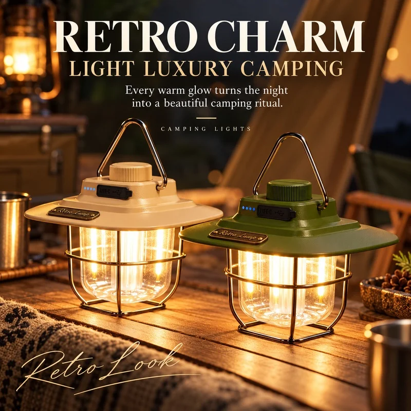 Retro camping lamp, stepless dimming, waterproof and portable, rechargeable, suitable for outdoor emergency lighting.