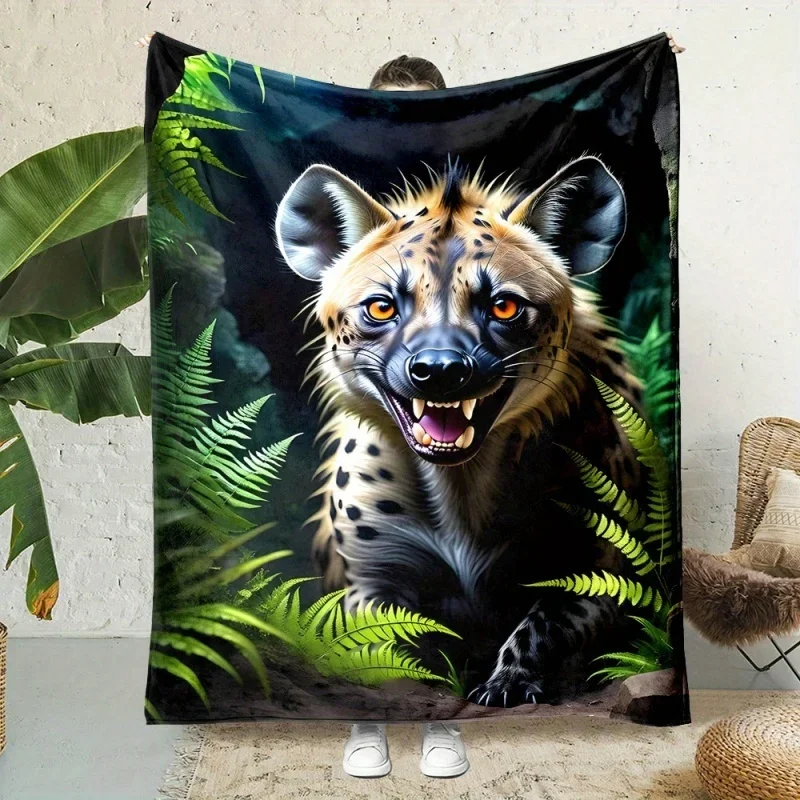 Jungle Spotted Hyena Green Fern Realistic Print Flannel Throw Blanket, Warm Animal Blanket for Wildlife Lover Sofa Decor