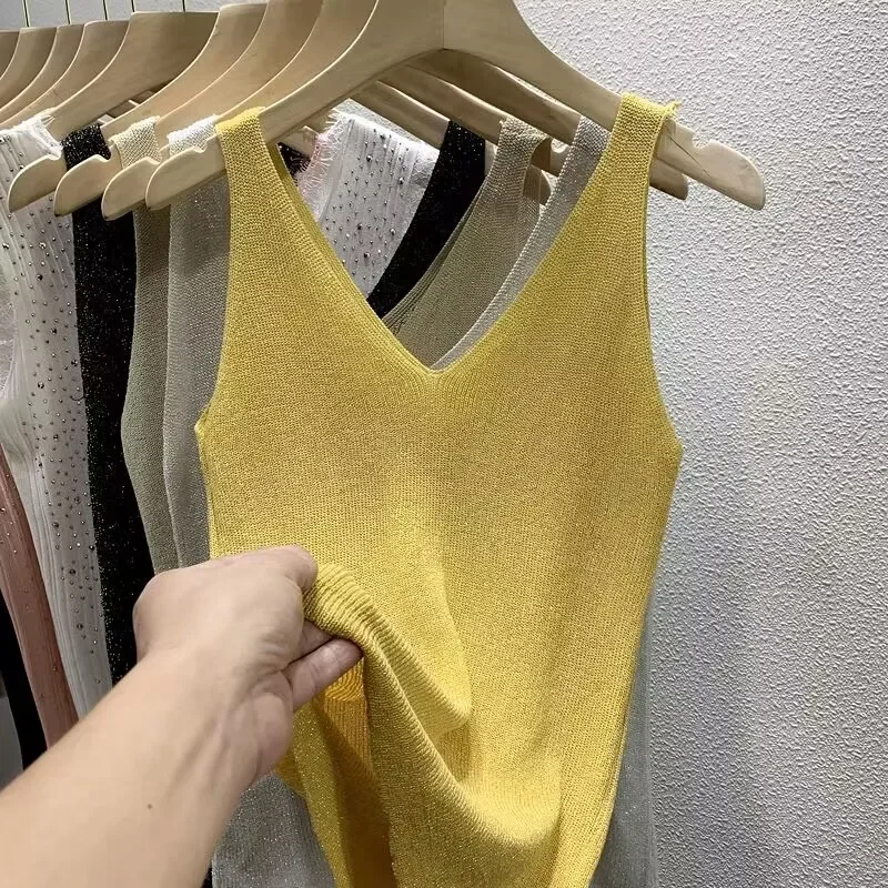 Casual Loose Knitted Sleeveless Camisole with Bling Women Summer Vest Tank Tops 2024 New Sexy V-neck Solid Camis Skinny Vests