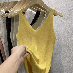 Casual Loose Knitted Sleeveless Camisole with Bling Women Summer Vest Tank Tops 2024 New Sexy V-neck Solid Camis Skinny Vests