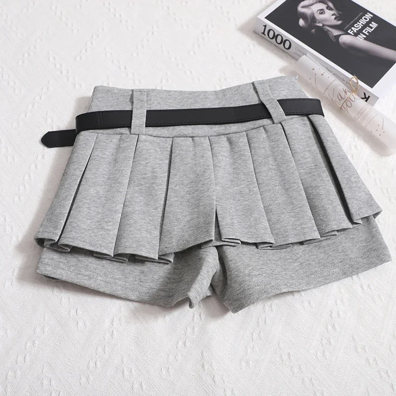 Kimotimo Womens Shorts Autumn Winter Belt High Waist Fluffy Pleated A-line Short Pants Korean Fashion Sexy Y2k All Match Clothes