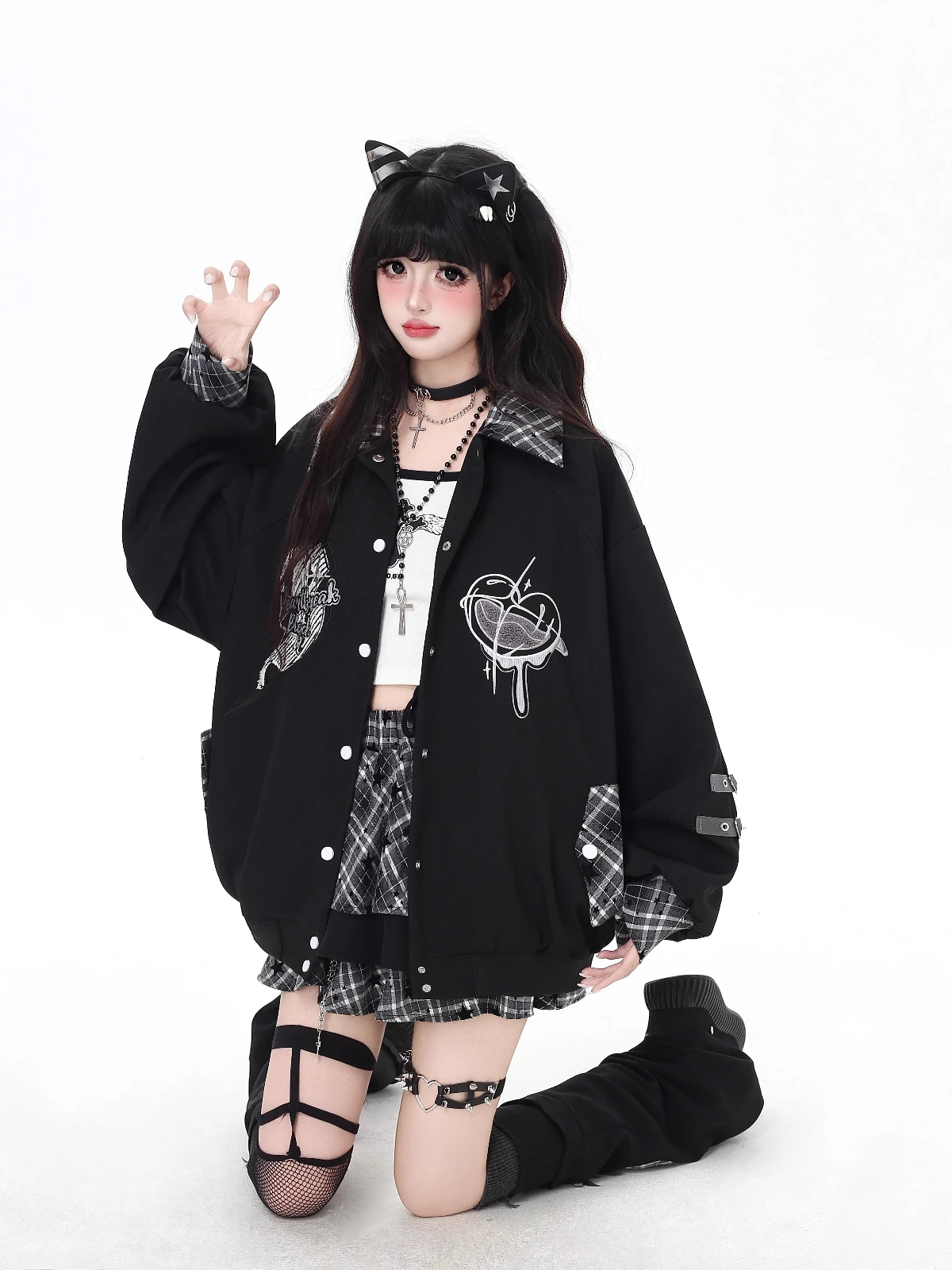 Japanese Sweet Cool Girl Subculture Baseball Jacket Embroidered Plaid Collar Single-Breasted Casual Versatile Short Jacket Women