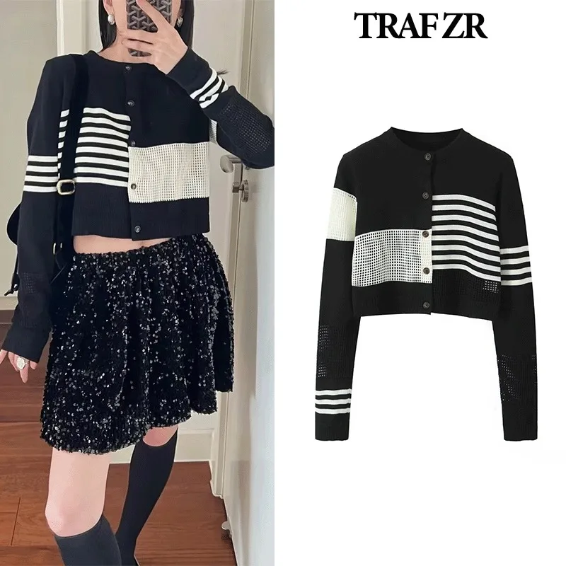 TRAF ZR Spliced Cardigan Long Sleeve Sweaters Summer Knitwear American Retr Short Cardigan Y2k Vintage Top Black Cozy Sweaters