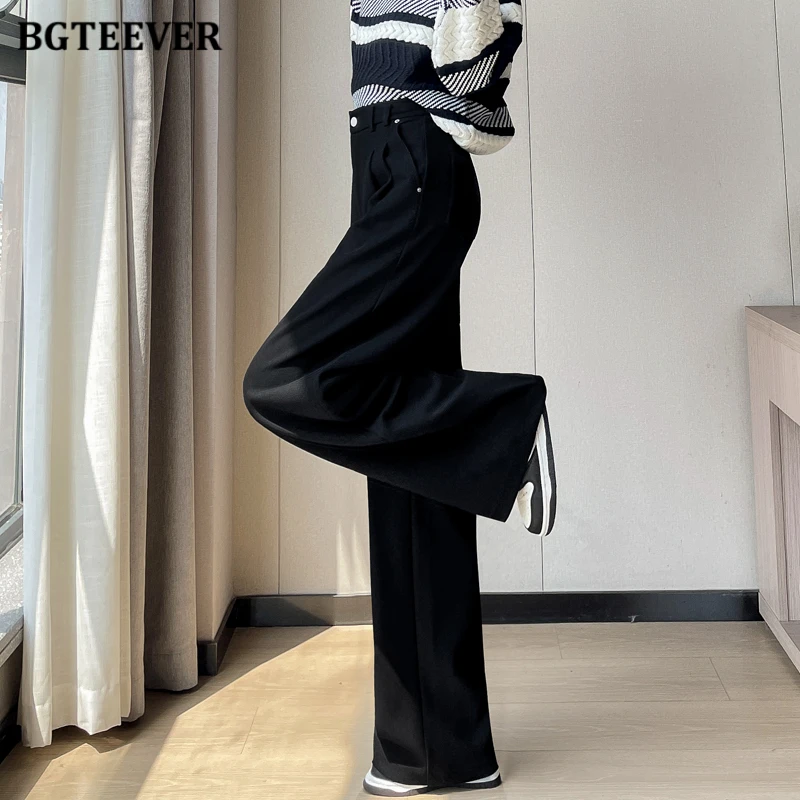 BGTEEVER Autumn Winter Cotton Velvet Pants for Women Thick Fleece Warmer Wide Leg Trousers Female High Waist Ladies Long  Pants