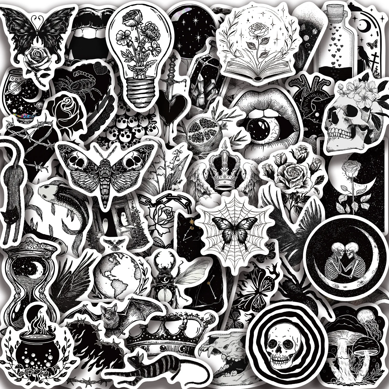 50PCS Dark Romance Style Graffiti Stickers Black White Cartoon Decal DIY Luggage Phone Guitar Scrapbook Cup Classic Kid Toys