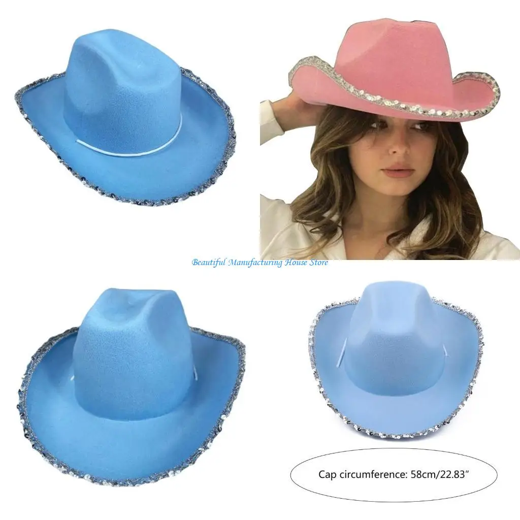 

E56A Sequins Brim Cowboy Hat for Women Wide Brim Cowgirl Hat Wedding Party Props Bachelorette Party Western Hat for Bridal
