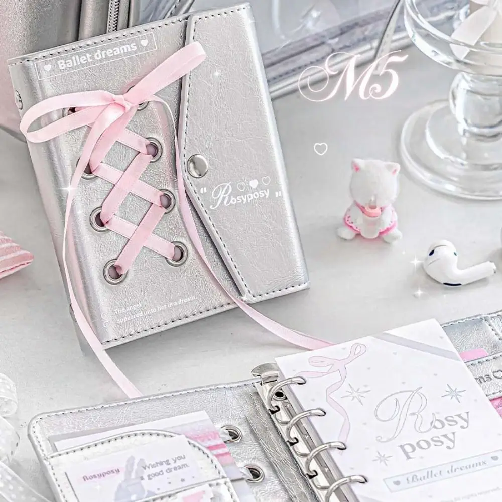 Note Paper Ribbon Loose-leaf Notebook PU Leahter Portable Hand Ledger Aesthetic Binder Hand Account Book Studnet