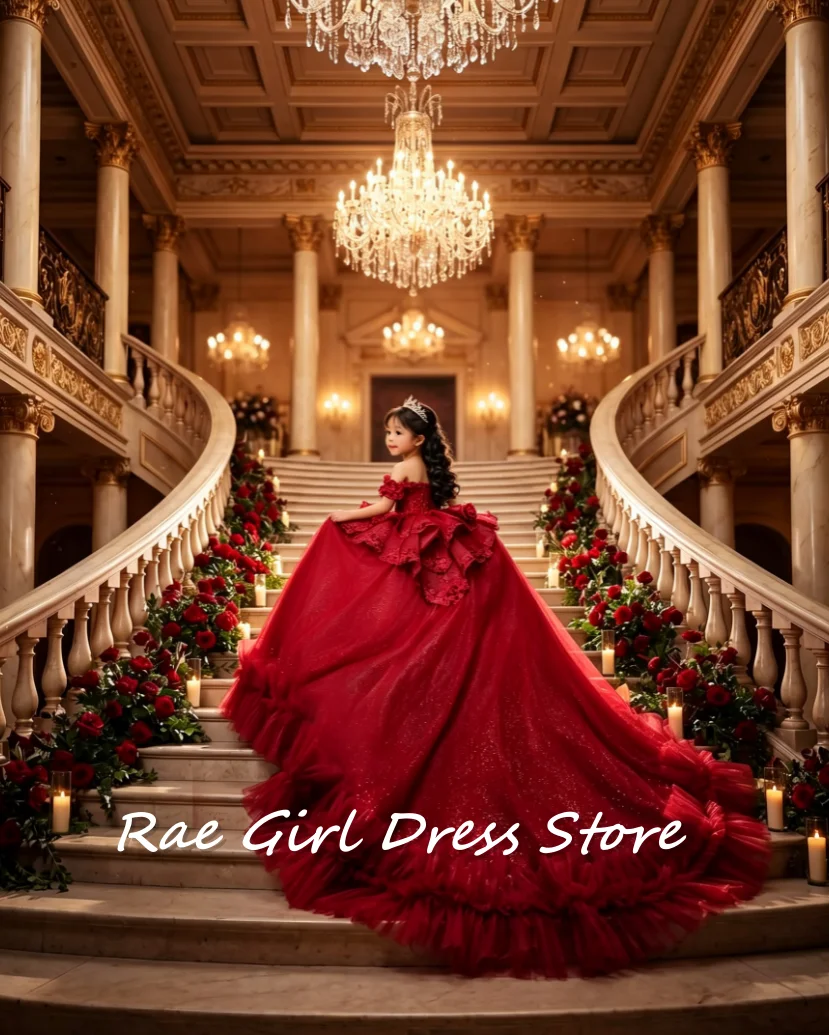 Red Glitter Organza Flower Girl Dress Off Shoulder Ruffle Sleeves Cascading Tiered Skirt Oversized Back Bow For Pageant Birthday
