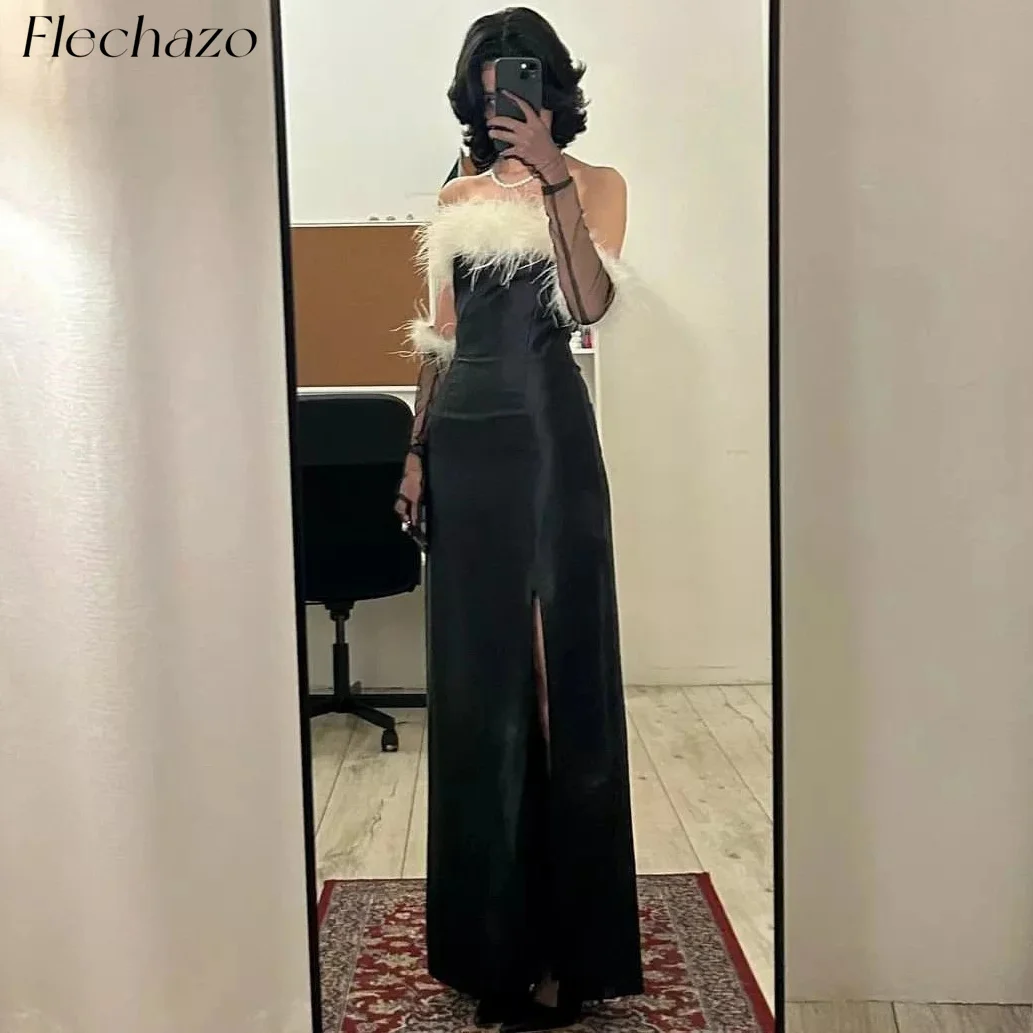 Flechazo Black Satin Prom Dresses Strapless Feathers Gloves High Slit Formal Occasion Dress For Women 2024 vestidos de noche