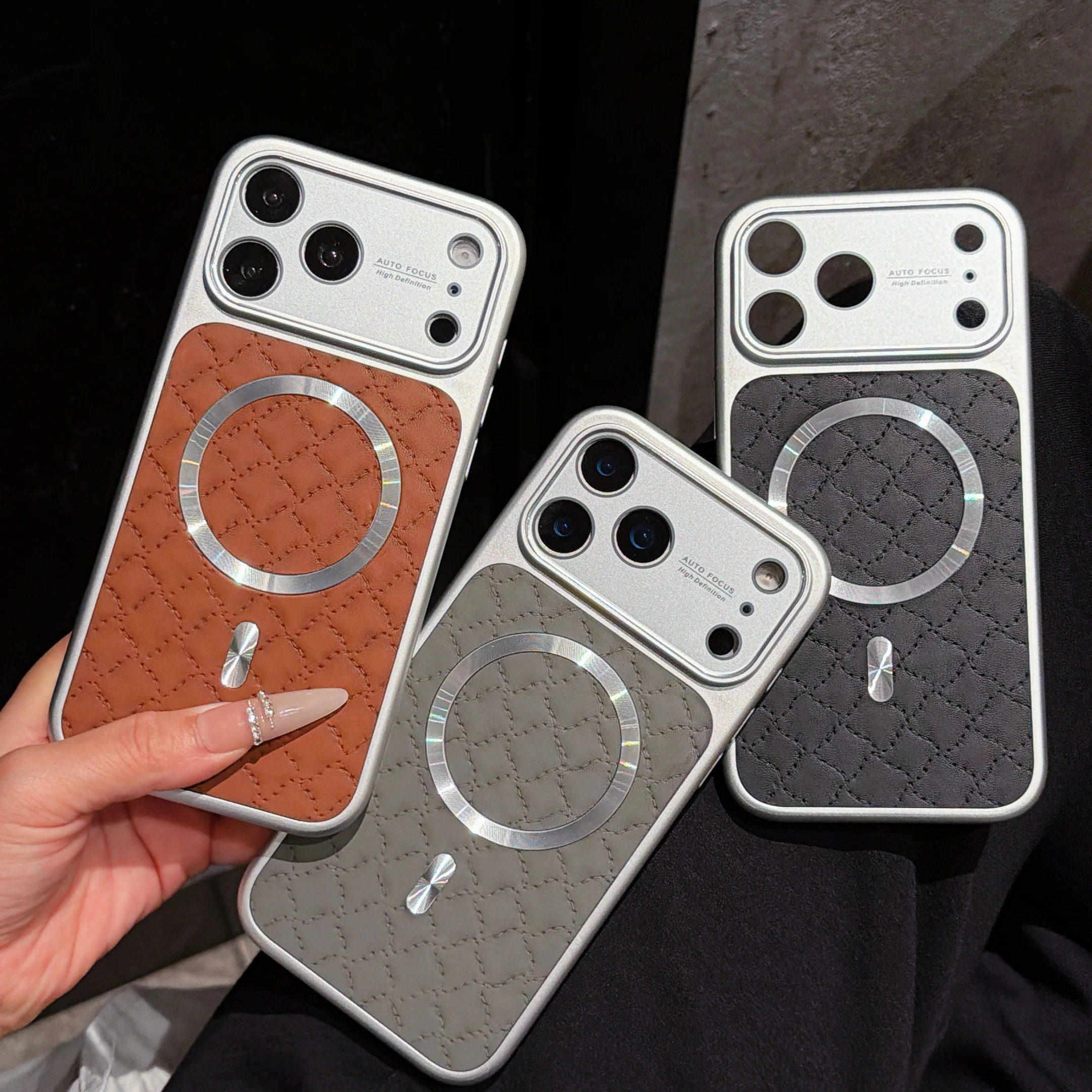 Luxuriöse Rautenstruktur PU-Leder Handyhülle für iPhone 17 16 15 14 13 Pro Max für MagSafe Kabelloses Laden Stoßfeste Abdeckung