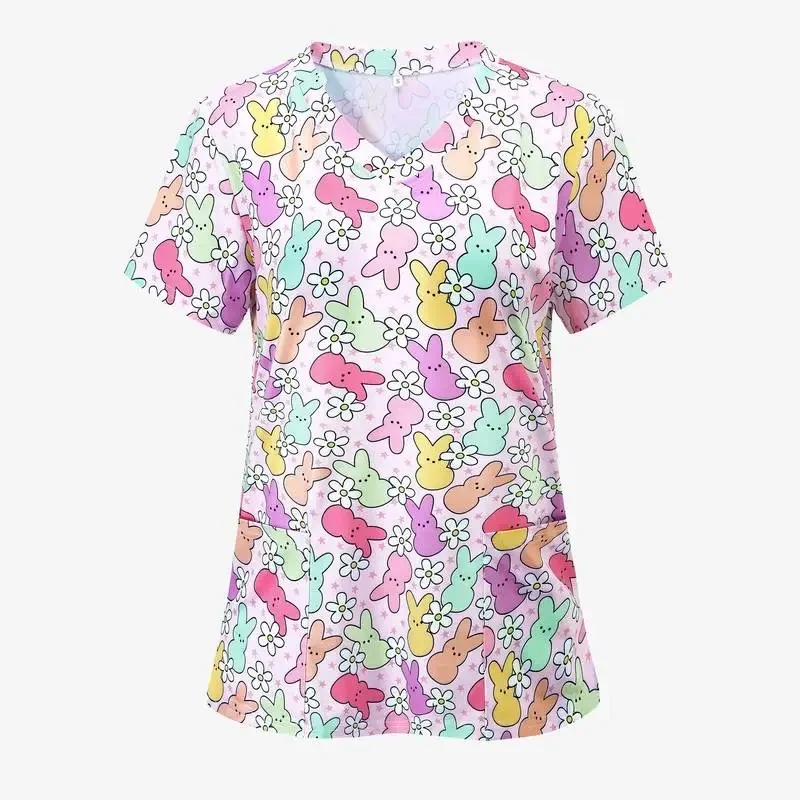 Women's printed medical short-sleeve shirtTShirt Micro-ElasticVCollared nursing top maternity clinic workwear